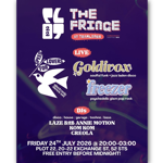 Purple event poster for “The Fringe at Tramlines” featuring live acts and DJs. Text highlights Goldirox (soulful funk and jazz disco) and Freezer (psychedelic glam pop rock), plus DJs Laze B2B Annie Motion, Kom Kom, and Creola. A stylised bird graphic reads “Speed for Lovers electronic dance set.” Event details: Friday 24th July 2026, 20:00–03:00, Plot 22, 20–22 Exchange St, S2 5TS. Free entry before midnight.