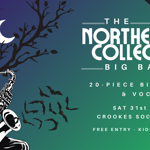 Promotional poster for a Halloween-themed performance by The Northern Collective Big Band. A black-and-white skeleton wearing a top hat plays a saxophone beneath a crescent moon and bare trees, with bats flying nearby. Text reads: “The Northern Collective Big Band”, “20-piece big band & vocalists”, “Sat 31st Oct, 2pm”, “Crookes Social Club”, and “Free entry - kids welcome”. A black corner banner says “FREE”. The background fades from purple and blue to green.