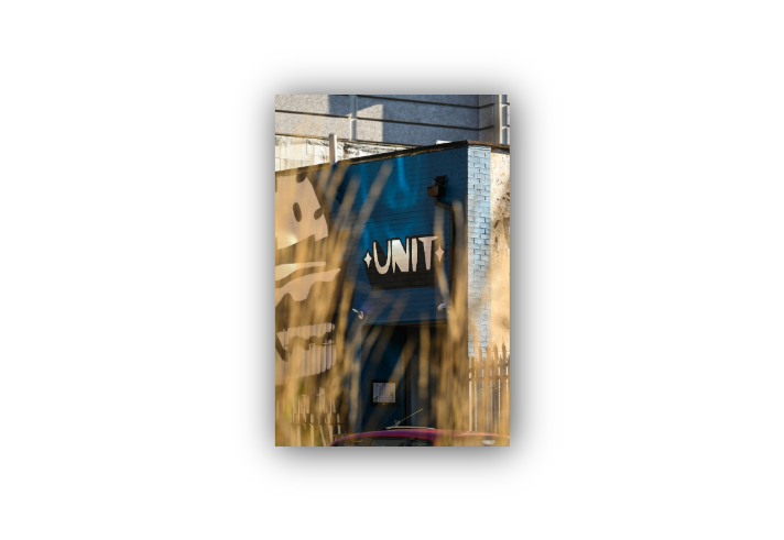 Exterior view of a blue-painted brick building with a black sign reading “UNT” above a recessed entrance. Tall golden grasses in the foreground partially obscure the view, creating a soft blurred frame. Sunlight casts shadows across the building, highlighting a large black-and-white mural on the wall, security lights, and architectural details. The roof of a parked car is visible at the bottom of the image.