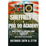 Promotional poster for a Sheffield FC and Pro 90 Academy holiday camp. The Sheffield FC crest and Pro 90 Academy logo appear at the top over a stadium background. Large white text reads “Sheffield FC x Pro 90 Academy”. Details below advertise a “Multi Sports & Football Camp”, running 10:00am–3:00pm for ages 6–11, with HAF and paid places available. The event takes place on “October 26th & 27th”. The design uses bold white text over a photograph of football stadium stands.