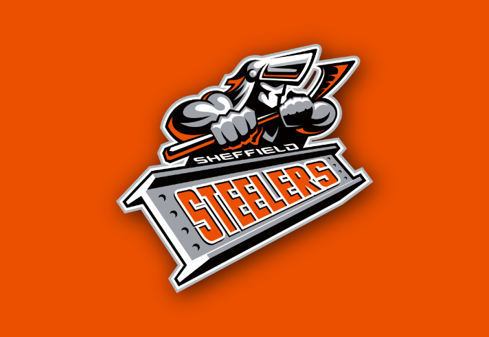 The Sheffield Steelers ice hockey team logo on a bright orange background.
