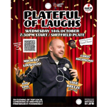 Comedy event poster with a red theatre-curtain background and gold confetti. Large text reads “Plateful of Laughs” with details for Wednesday 14 October, 7.30pm at Sheffield Plate. A performer holding a microphone is featured prominently in the centre, with smaller photos of other comedians around the poster. A QR code links to tickets and event information. The poster promotes an evening of local stand-up comedy at Sheffield Plate food hall.