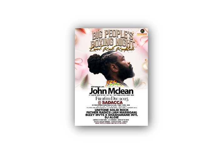 Promotional poster for “Big People’s Boxing Night – Lovers Rock Roadblock” on Friday, 26th December 2025 at SADACCA, Sheffield. Features a person with braided hair in profile, festive decorations in the background, and event details. Performing live: John McLean. DJs include Unitone Solid Rock, Father Radics (Jah Massigan), Bizzy Mvts x Shashamane Intl, and DJ Algie. Time: 11 PM–4 AM.