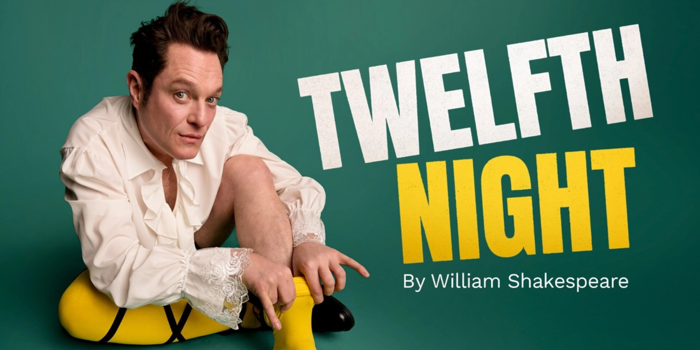 A promo fpr Twelfth Night, with a man sat on the floor putting on a pair of yellow tights.