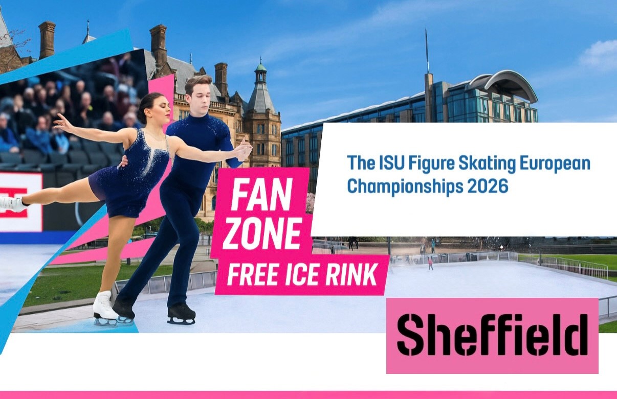 Promotional graphic for the ISU Figure Skating European Championships 2026 Fan Zone in Sheffield. The image shows two figure skaters performing on an ice rink in the foreground, with Sheffield’s Peace Gardens and surrounding buildings in the background. Text on the graphic reads: “The ISU Figure Skating European Championships 2026,” “Fan Zone Free Ice Rink,” and “Sheffield” in bold lettering. The design features bright pink and white accents with a modern layout.