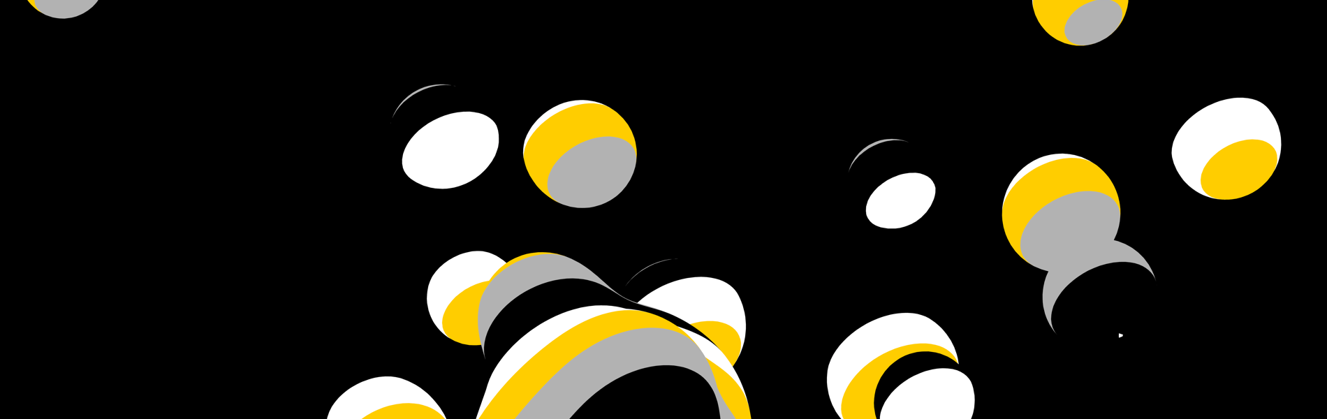 Abstract illustration featuring a cluster of wavy, layered shapes in black, white, yellow, and gray at the bottom, with numerous floating spheres in the same colours scattered across a black background. The design has a dynamic, modern feel with bold contrasts and curved lines.