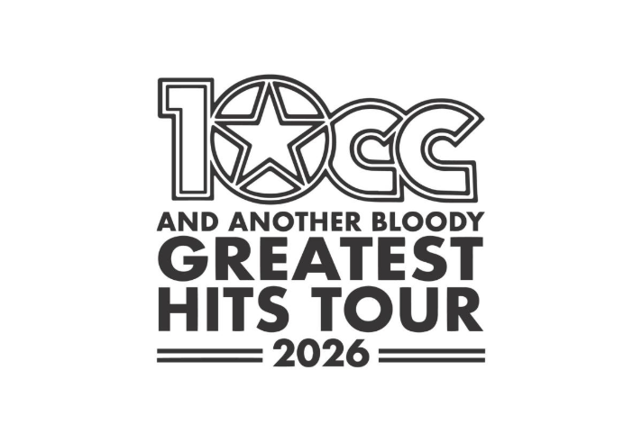 Black and white logo for the band 10cc’s 2026 tour. The design features “10cc” in bold outlined letters, with the zero containing a five-pointed star. Below, the text reads: “AND ANOTHER BLOODY GREATEST HITS TOUR 2026” in uppercase letters, with two horizontal lines framing the year.