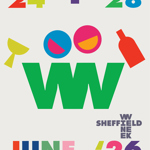 Poster for Sheffield Wine Week, with two stylised 'W's and illustrations of wine glasses and wine bottles. 