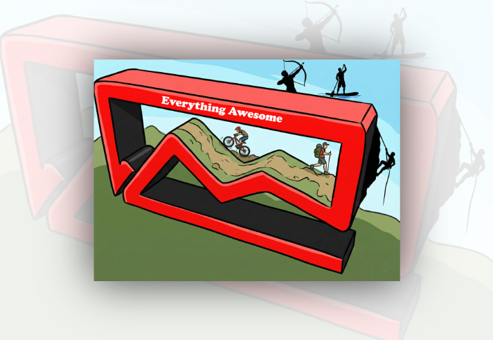 Illustrated graphic showing a large red upward-trending arrow inside a rectangular frame labelled “Everything Awesome”. The arrow forms a winding trail through hills, with a mountain biker and hiker travelling along it. Silhouettes of people taking part in outdoor activities, including archery, paddleboarding and climbing, appear around the frame. The image uses bright colours and suggests adventure, recreation and positive growth.
