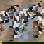 Three square shadow box frames arranged diagonally on a wooden surface. Each frame contains pressed flowers and foliage: one with pink blooms in a white frame, one with yellow flowers in a black frame, and one with mixed greenery and small white flowers in a grey frame.