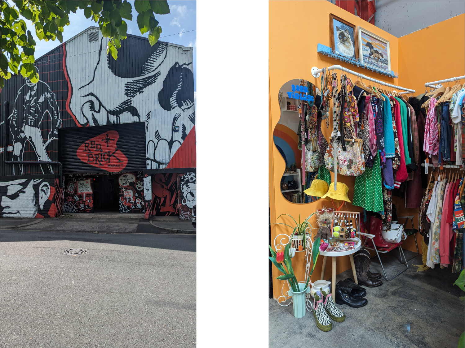 A vintage clothes stall inside the Red Brick Market.