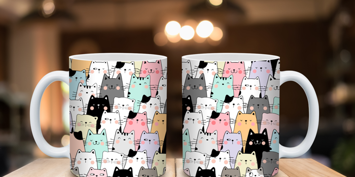 Two ceramic mugs placed on a wooden surface, each featuring a playful pattern of cartoon-style cats in pastel colors including pink, mint green, yellow, gray, and black. The background shows a softly blurred indoor setting with warm lighting.