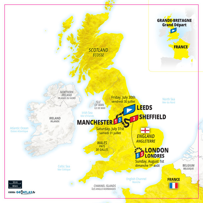 Map of the UK showing the three stages of the Tour De France 2027. (Leeds to Manchester; Manchester to Sheffield and London.)
