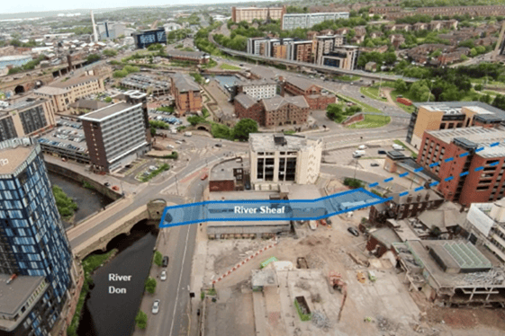 Aerial view of an urban area showing roads, bridges, and buildings with two rivers labeled ‘River Don’ and ‘River Sheaf.’ The River Sheaf is highlighted in blue as it flows through a construction site and joins the River Don near a bridge.