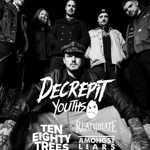 Black-and-white gig poster featuring six band members posing outdoors. Text at the top reads “29.10 Corporation, Sheffield.” Large central text promotes Decrepit Youths, with support from RealmMate, Ten Eighty Trees and Amongst Liars. Ticket prices are listed as £10 advance and £15 on the door. Corporation venue website appears at the bottom right. The image uses a high-contrast monochrome group photograph as the background.