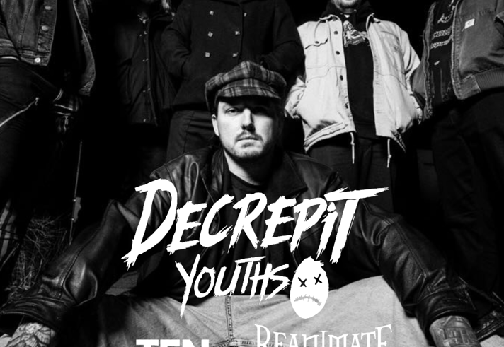 Black-and-white gig poster featuring six band members posing outdoors. Text at the top reads “29.10 Corporation, Sheffield.” Large central text promotes Decrepit Youths, with support from RealmMate, Ten Eighty Trees and Amongst Liars. Ticket prices are listed as £10 advance and £15 on the door. Corporation venue website appears at the bottom right. The image uses a high-contrast monochrome group photograph as the background.