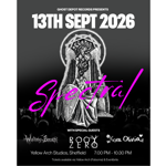 romotional gig poster on a black and dark grey background. Large white text reads “Ghost Depot Records Presents 13th Sept 2026”. A detailed black-and-white occult-style illustration of a seated winged figure appears in the centre beneath the word “Spectral” in bright pink script. Special guests are Waiting for Breath, Boo Zero and Kora Olivia. Venue and time details at the bottom read: “Yellow Arch Studios, Sheffield, 7:00 PM–10:30 PM”. Tickets available via Yellow Arch (Fatsoma) and Eventbrite.
