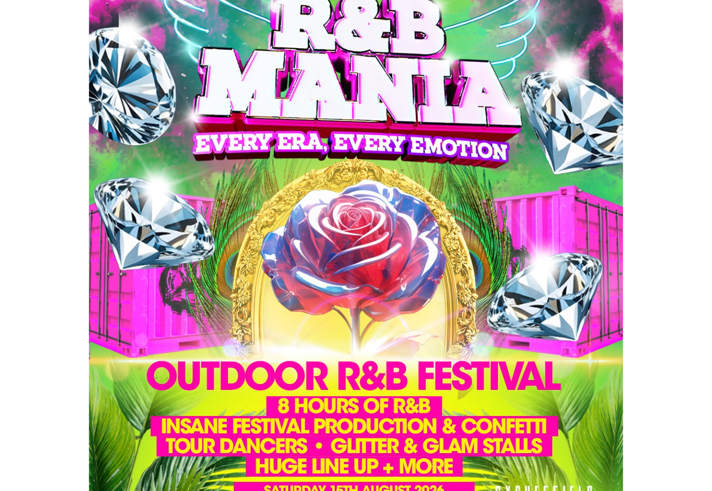 Colourful promotional poster for R&B Mania – Every Era, Every Emotion. Large 3D white and pink title sits against a neon green and pink background with wing graphics, sparkling diamonds, pink shipping containers and tropical foliage. A stylised red-and-blue rose inside an ornate gold frame is centred. Text promotes an outdoor R&B festival featuring 8 hours of music, festival production and confetti, dancers, glitter and glam stalls, and a large line-up. 