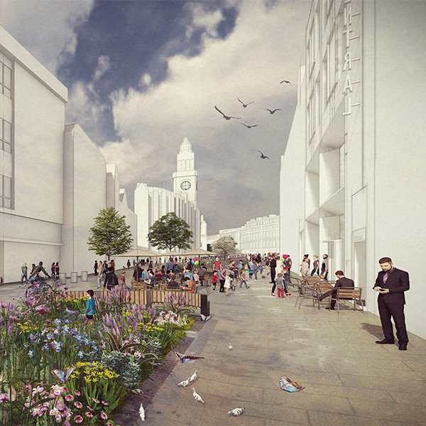 Pedestrian street scene with people walking, sitting on benches, and socializing near planted flower beds. Tall white buildings line both sides of the street, and a clock tower is visible in the background under a partly cloudy sky. Birds are flying overhead, and pigeons are on the pavement.