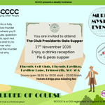 Poster promoting “A Murder of Course”, a murder mystery fundraising evening organised by SCCCC (Helping Older People). The design features a golf-themed invitation, magnifying glass, detective illustration and golf flag. Event details include 27 November 2026 at Phoenix Golf Club, Brinsworth, with drinks reception and pie and peas supper. Tickets cost £35 plus booking fee. The fundraiser invites guests to solve a fictional murder mystery by gathering clues and questioning suspects.