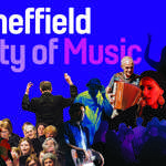 Collage of various musicians on a blue background.