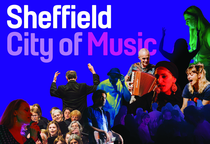 Collage of various musicians on a blue background.