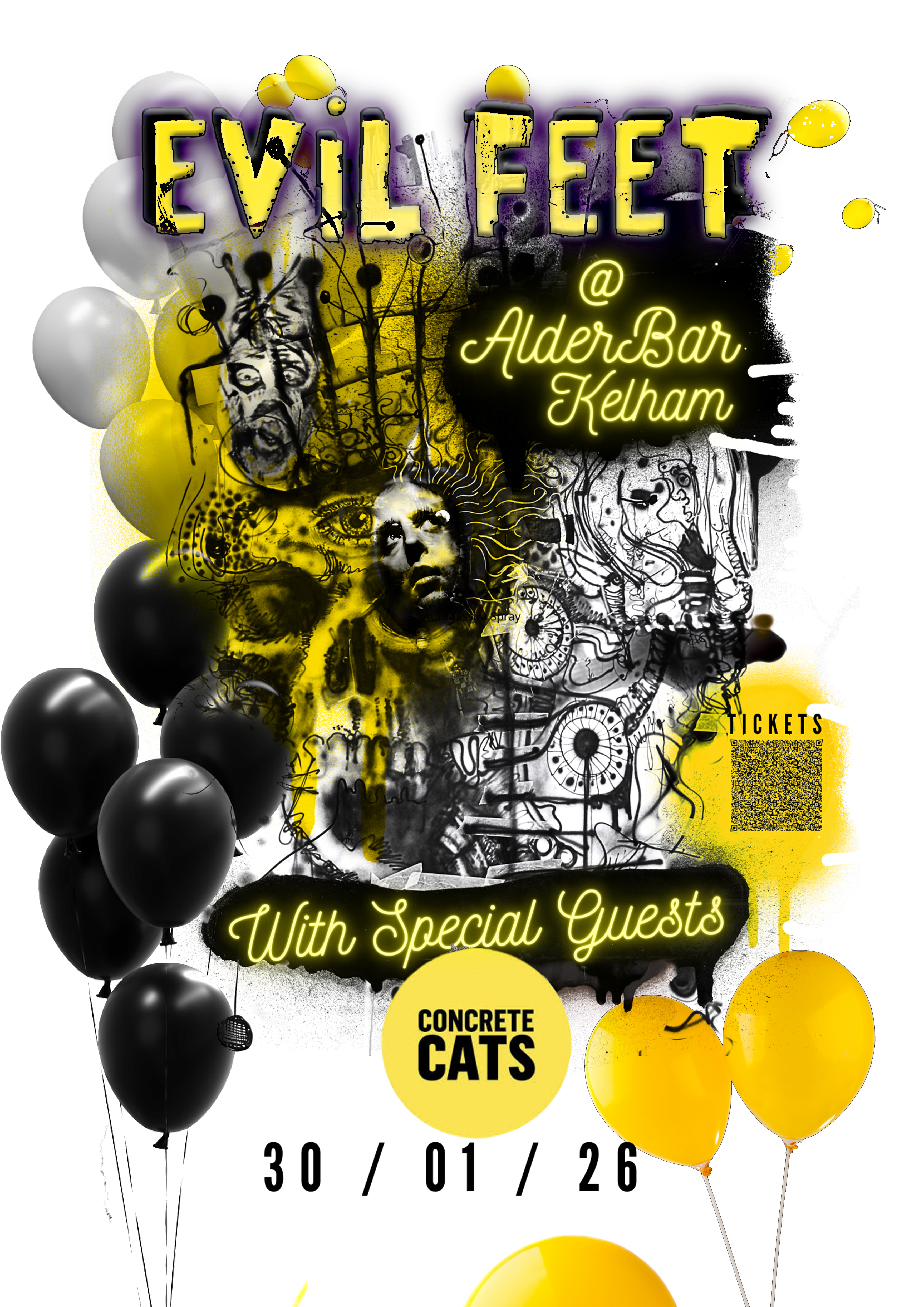 Gig poster for Evil Feet at Alder that features a spooky and unsettling collage of images.